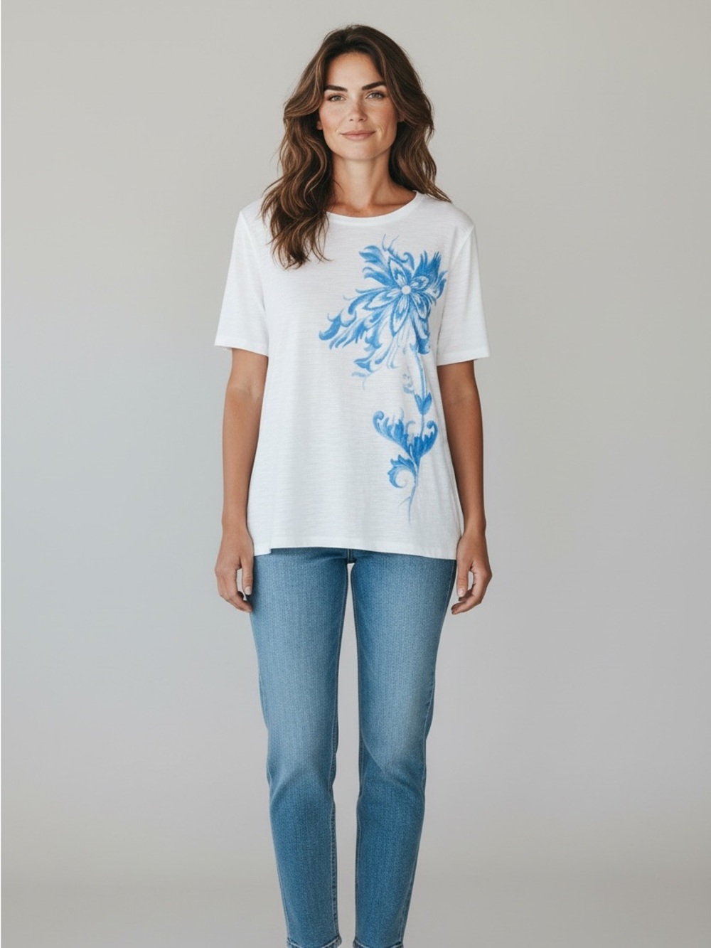 Talbots Women’s Size XL Short Sleeve Round Neck White Blue Floral T Shirt